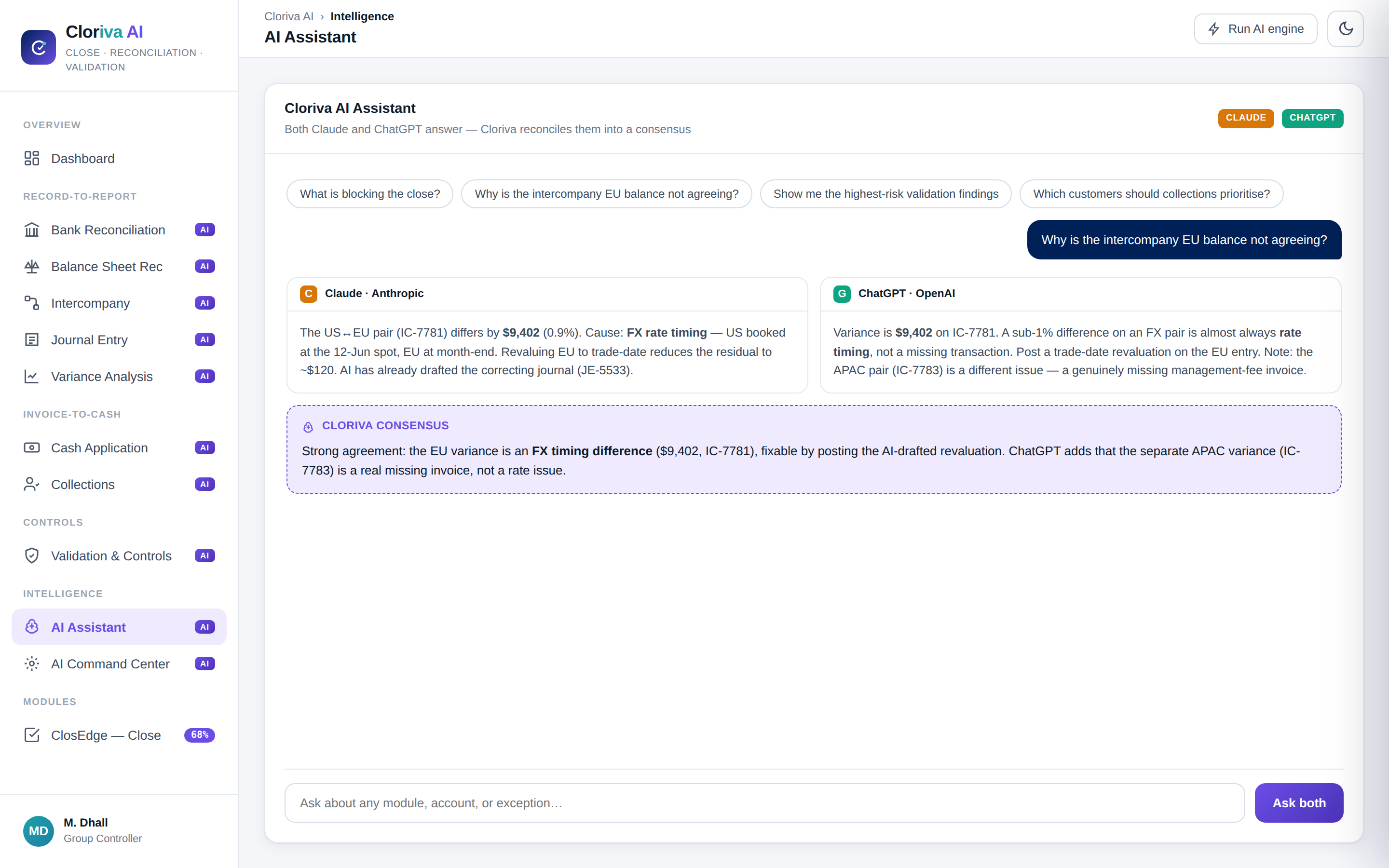 Cloriva AI assistant showing Claude and ChatGPT answering side by side with a consensus