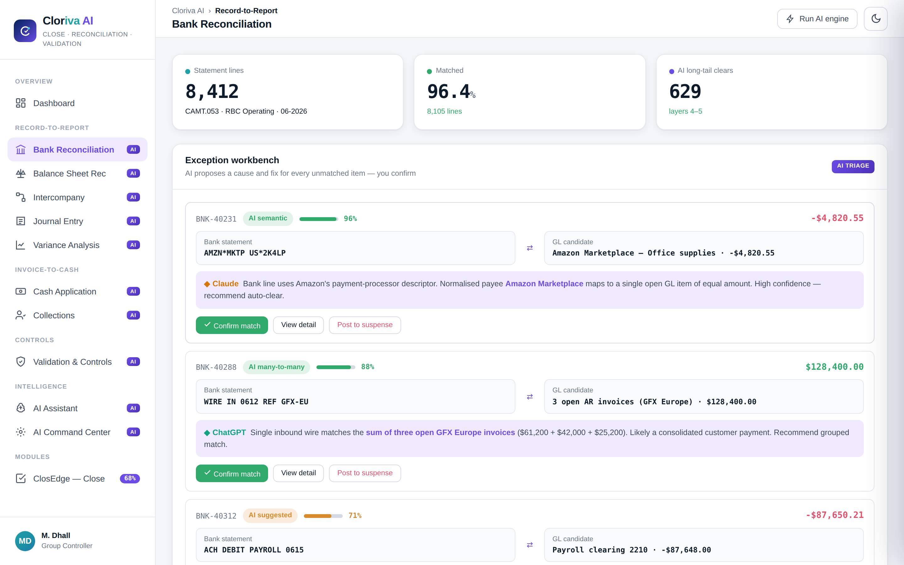 Bank reconciliation exception workbench with AI-proposed matches and confidence scores