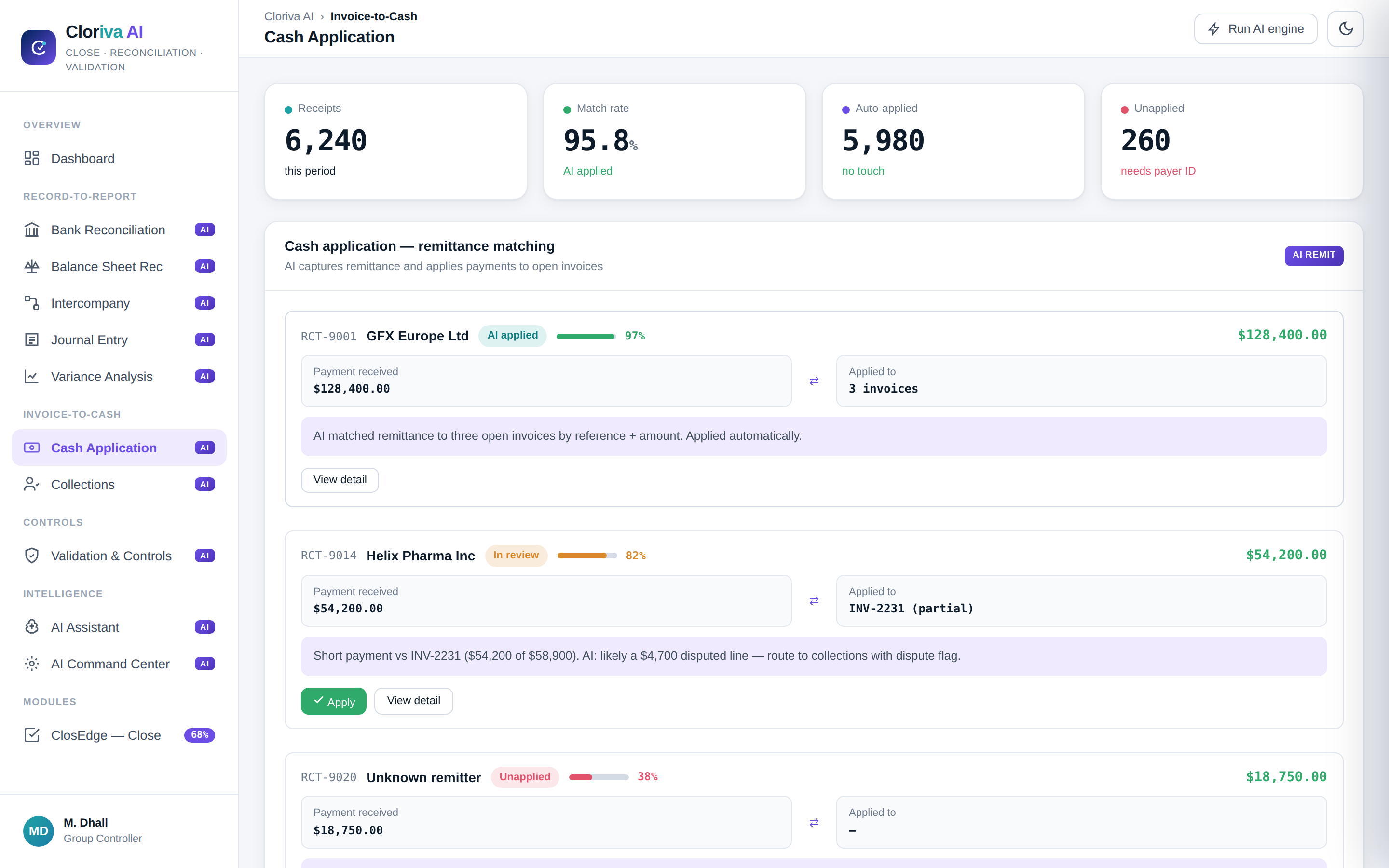 Cash application view showing AI-matched customer remittances applied to open invoices