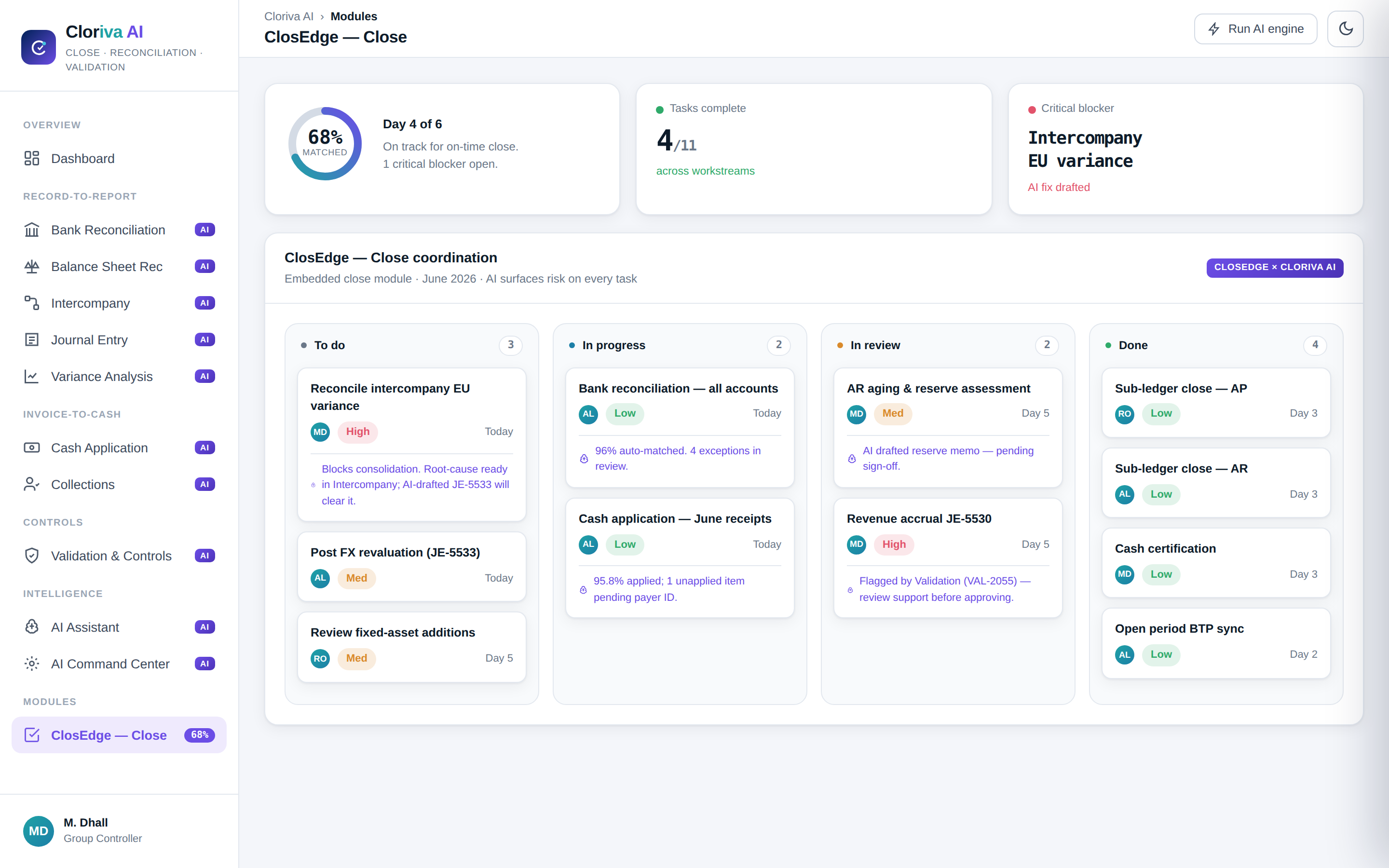 ClosEdge close-coordination kanban board with AI risk flags on each task