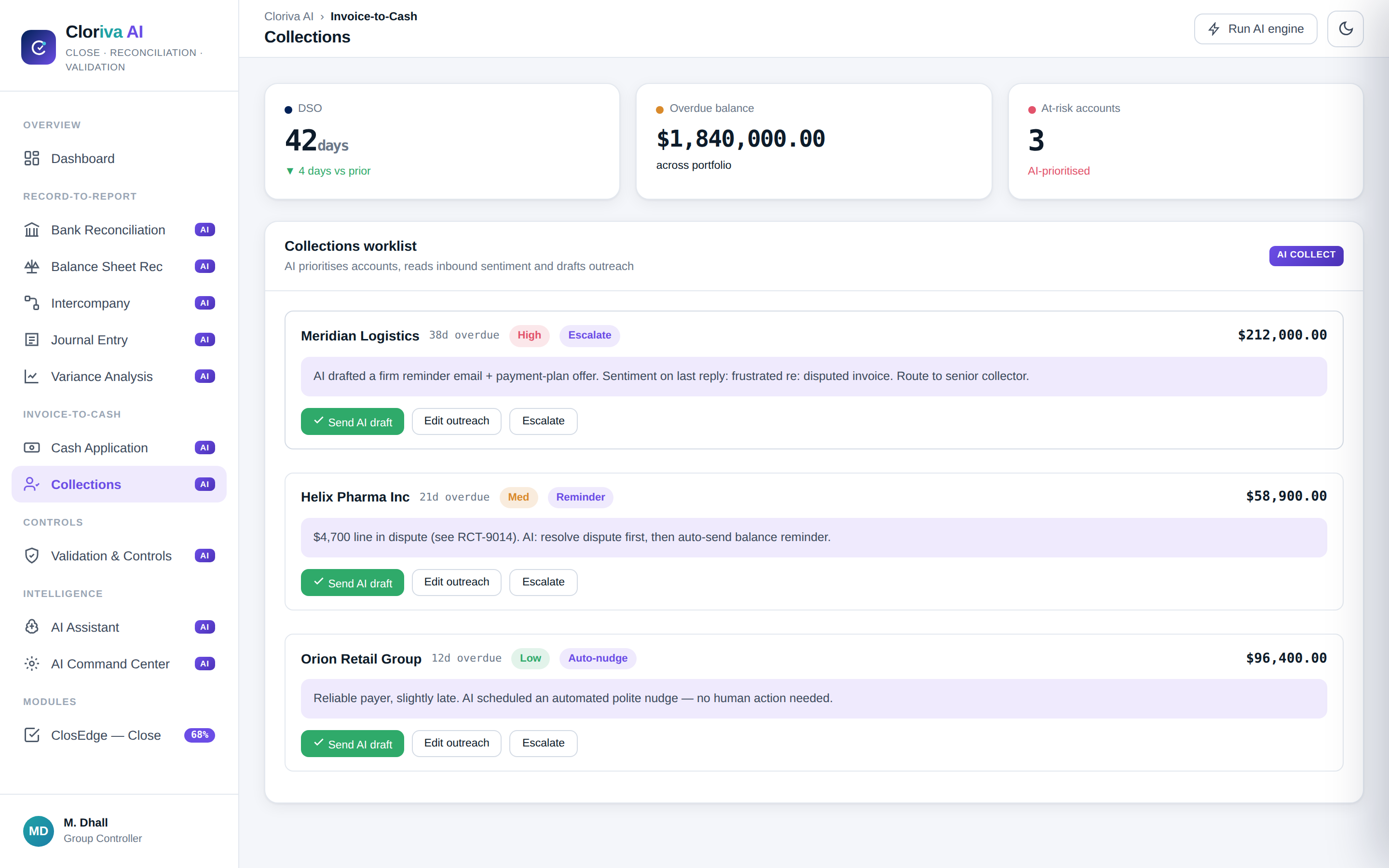 Collections worklist with AI-drafted outreach prioritised by account risk