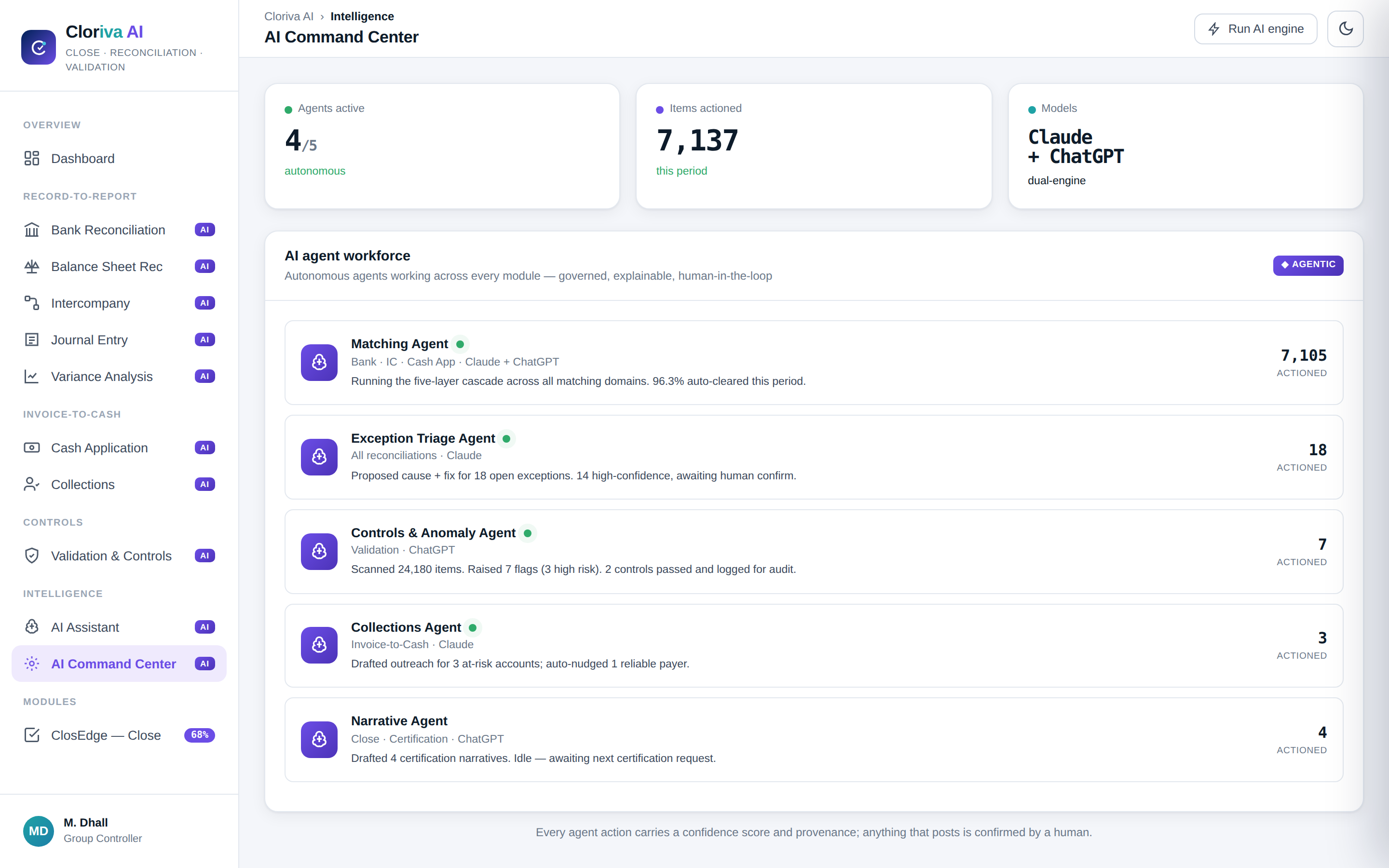 AI Command Center showing autonomous agents working across reconciliation, controls and collections