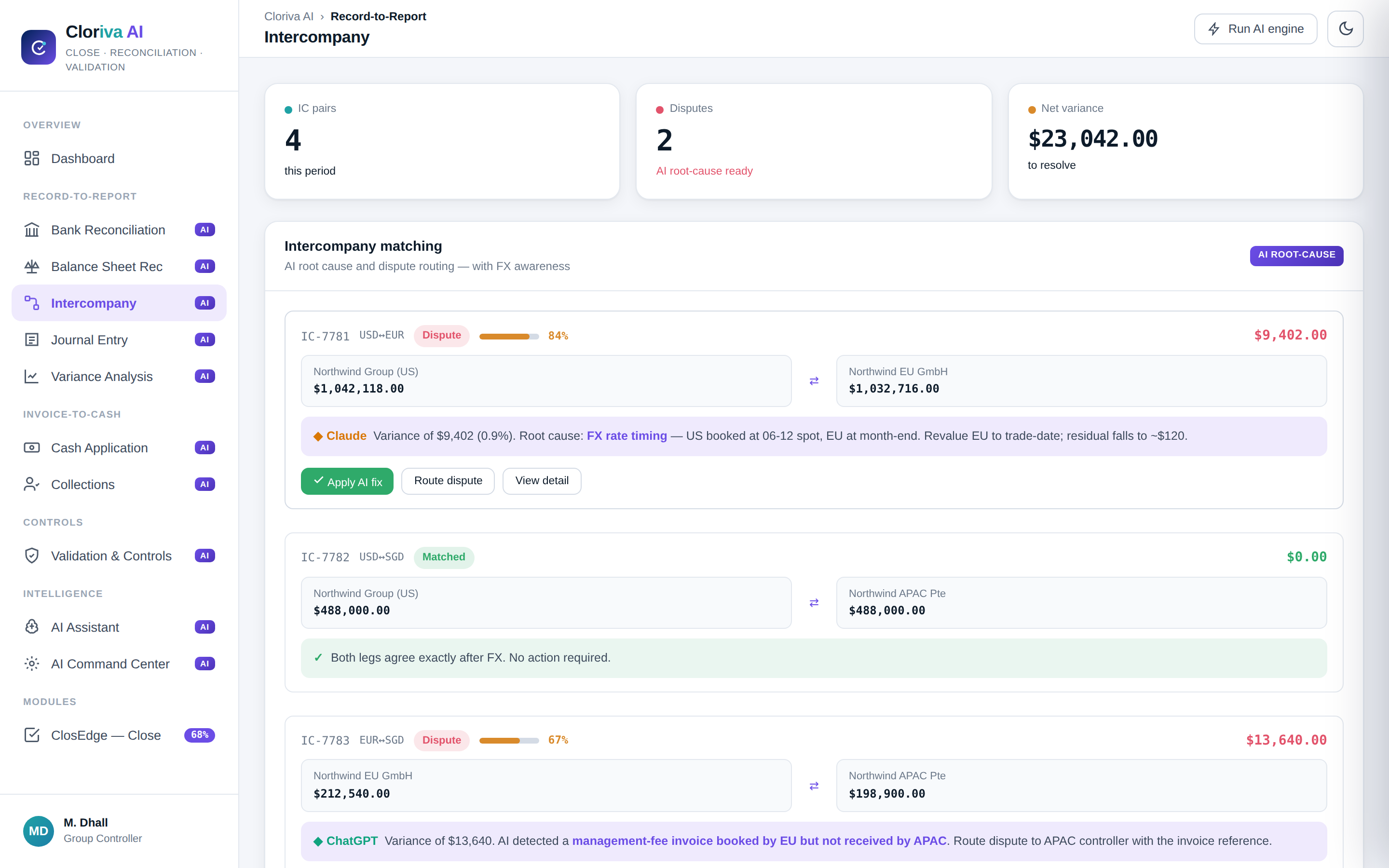 Intercompany reconciliation showing AI root-cause analysis of an FX timing variance