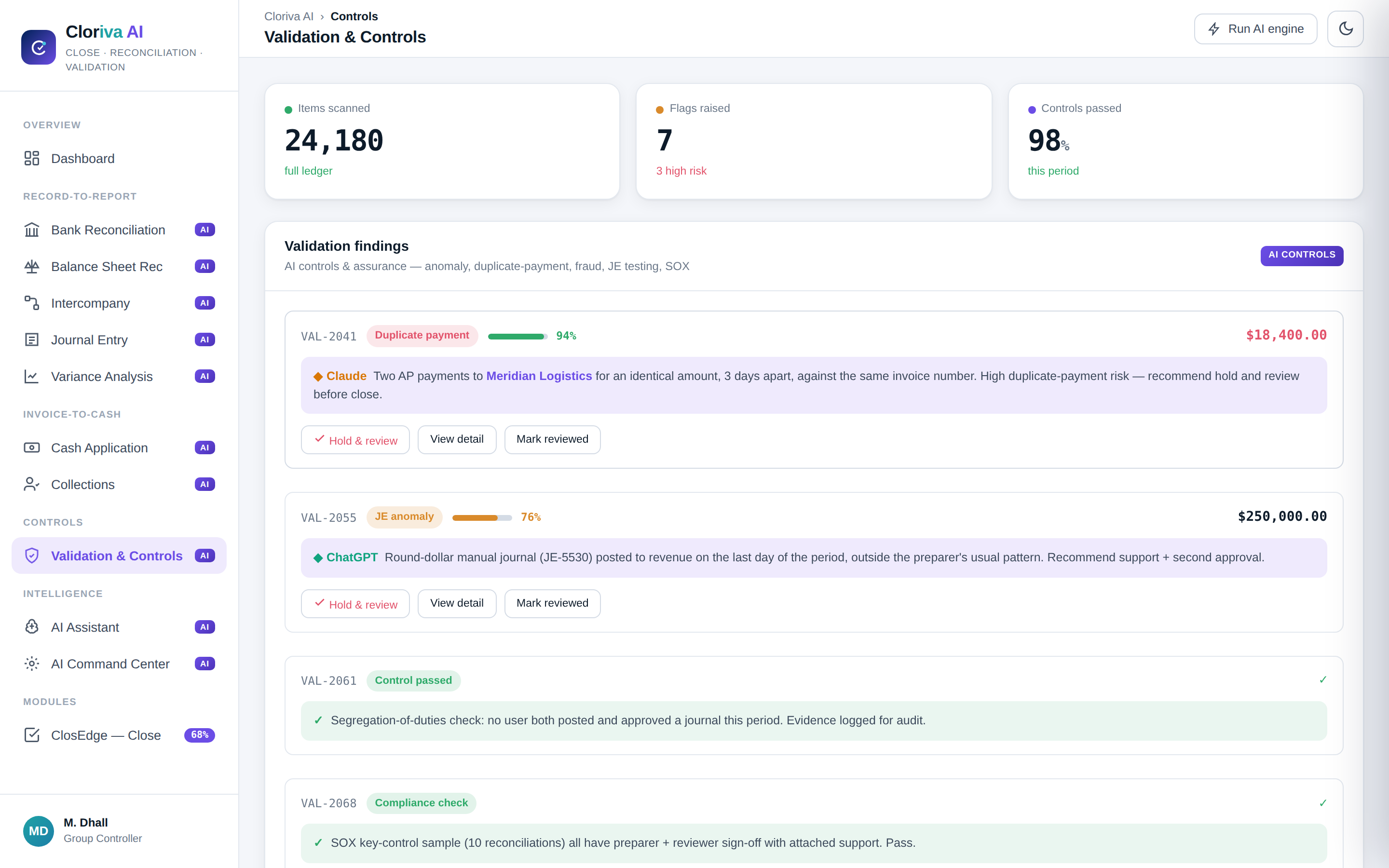Validation findings dashboard flagging a duplicate payment and a journal-entry anomaly